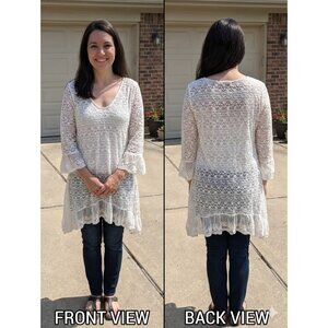Indigo Soul White Lace Crochet Tunic Top Ruffle Sleeve V-Neck XL